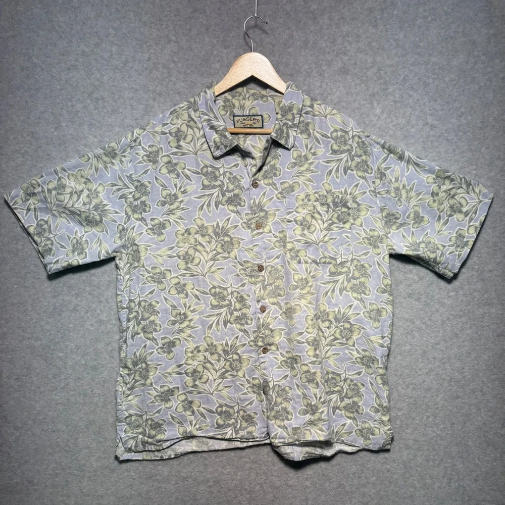 Pusser's Island Style Men Large Floral Linen Short Sleeve Button Up Shirt Blue